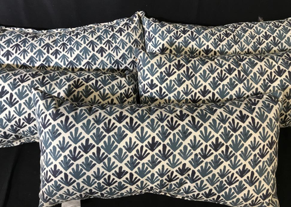THRESHOLD Set 5 Outdoor Arm Pillows: Blue-grey and navy cacti pattern. All with designer label, all pillows forms sewn in. Appr. 21 x 10 in. 100% polyester, written on tag. Geometric pattern outdoor pillows. Couple with small fabric punc