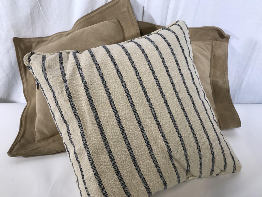 Lot 5 Shearling/Suede Throw Pillows, more: Pair of Moss green Shearling, backside brown suede, removable covers, zippered, with feather/goose down pillow forms. (Tag On Pillow, May need replacing) , appr. 24x 24 in. Interior fabric is all sued