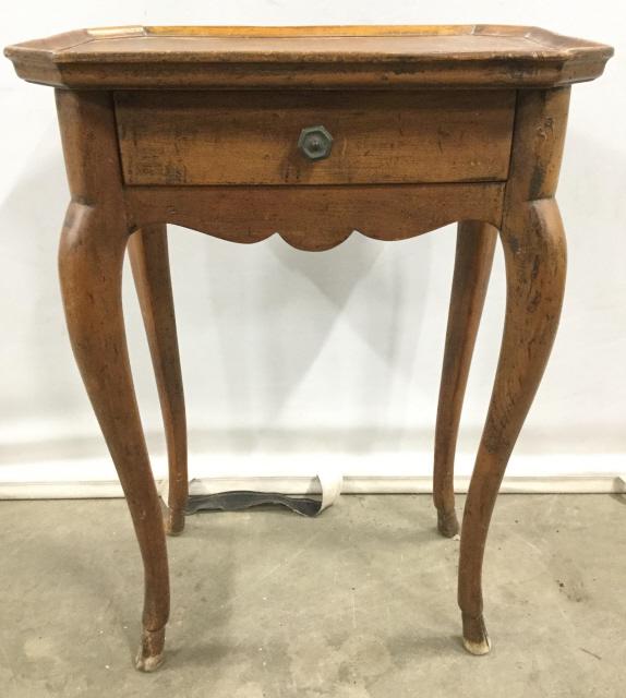 Vintage Carved Wooden Hoof Foot Side Table: Table has carved wooden hoof feet. Piece has 1 drawer with hexagon shaped metal knob handle. side table, end table, hoof foot table, carved wooden side table. Piece measures approx 26 inches tall 19 i