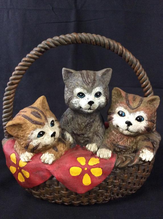 Hand-painted Kittens in Basket Sculpture: This is piece depicts 3 kittens sitting in a woven basket. Composite sculpture, The piece measures approx 10.75 inches H and 9 inches W. Feline statue, cat sculpture, sculpture, folk art, composite st