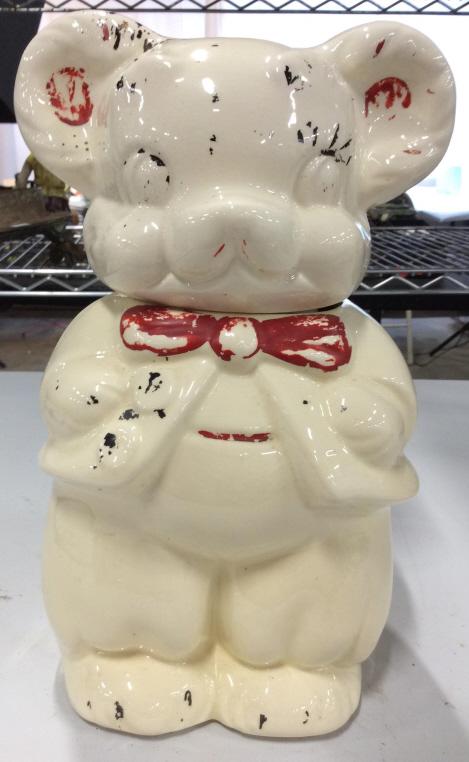 Porcelain Bear Cookie Jar W Lid: Cookie jar is porcelain. Piece measures approx 13 inches tall 7 inches wide & deep. Head of bear is Lid. Piece has evident wear, collectible, decorative arts and accessories, shelf piece, kitchen acce