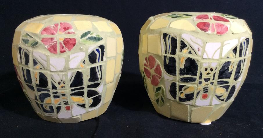 Pair Mosaic Vases Vessels: Pair of mosaic vases. The tile comes together to depict butterflies among flowers. Each piece measures approximately 6 in H, and 6 in W at their widest. Home decor, Vases, Art, mosaic, table wear, Ves