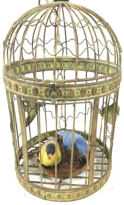 Metal Jardiniere Hanging Lantern Cage: French Style, Victorian Style Lantern, Use for decorative purpose, wide candle, tabletop, hang indoors or outdoors. Green patina, normal rust due to age (where candle sits), top of cage opens, side do