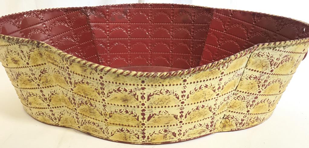 Embossed French Country Tole Bucket w Ring Handles: Painted all red interior, Country yellow with embossed Tole red exterior. 22.5 in long, 14.5 in wide, 6 in ht. Braided metal rim. Metal is pierced on upper side. Lightweight & solid. Has some wear due