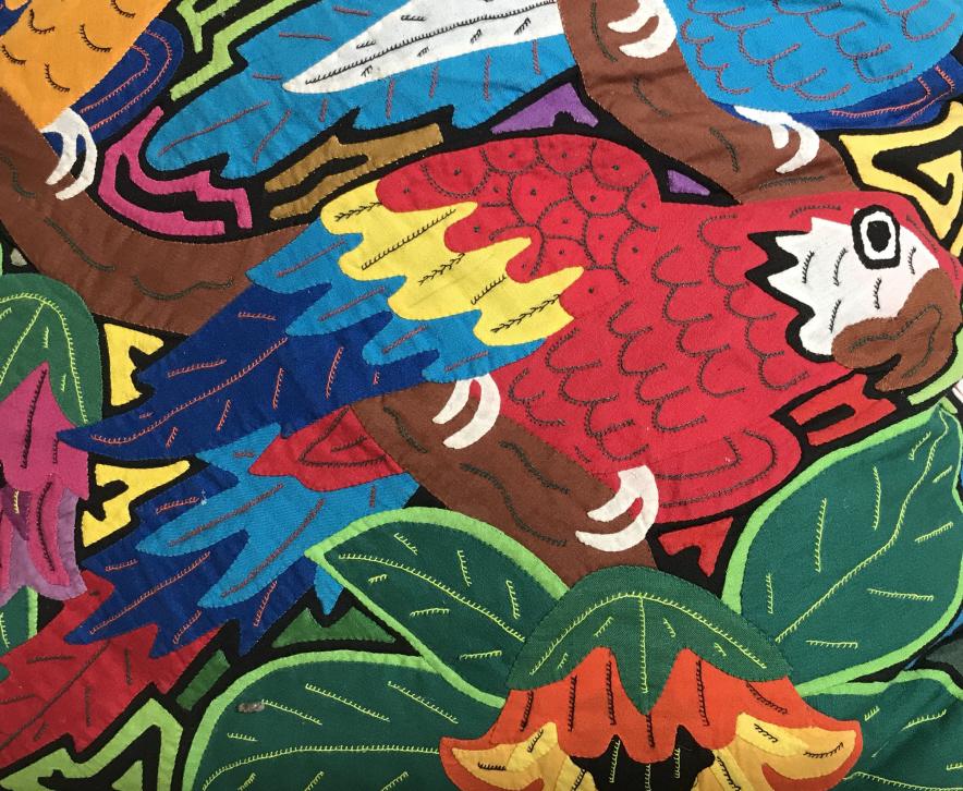 Handmade Embroidered Tropical Pillow Cover: Vivid cotton fabrics, pieced together to form a tropical jungle motif depicting parrots, flora & fauna, frog & toucan Bird. Pillow form included, poly fill and poly cover. Oversized pillow, cover remo
