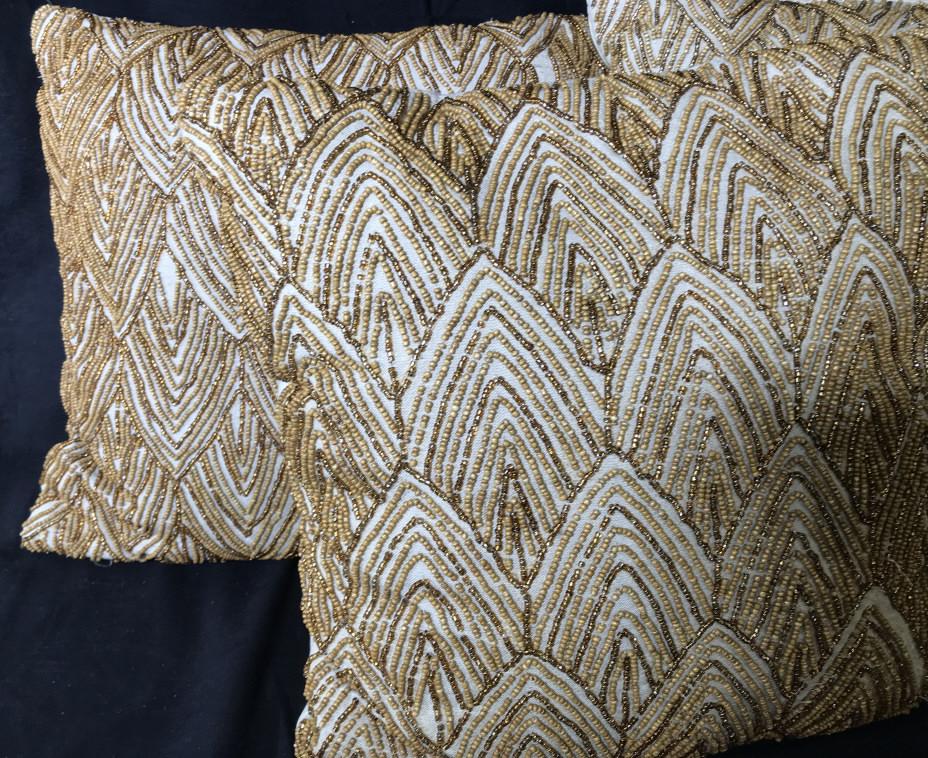 Set 3 Gold & Wood Seed Beaded Throw Pillows: Reticulated Deco Pattern, Cotton Fabric backs, pillow form sewn in, section of missing beads on a couple of pillows, fluffy, thick pillow form, 18 x 18 in. Home decor & Accessory, beaded pillows, gold