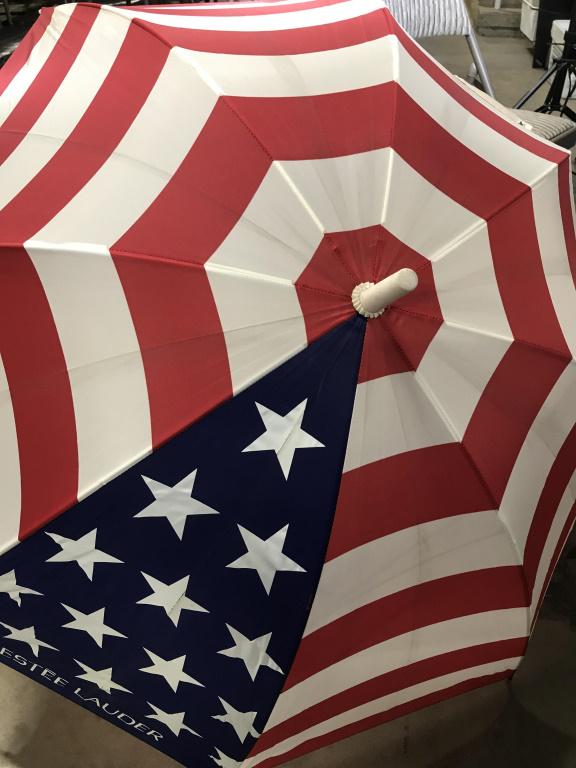 Lot 5 Vintage Walking Canes, Umbrellas, Parasol: Lot of 2 Luxury Cosmetic Brand Umbrellas, Sunny Yellow & White Elizabeth Arden with polka dot sunflower logo & American Flag Design that reads ‘Estee Lauder. Oversized, opens 38 in. diameter, app.,