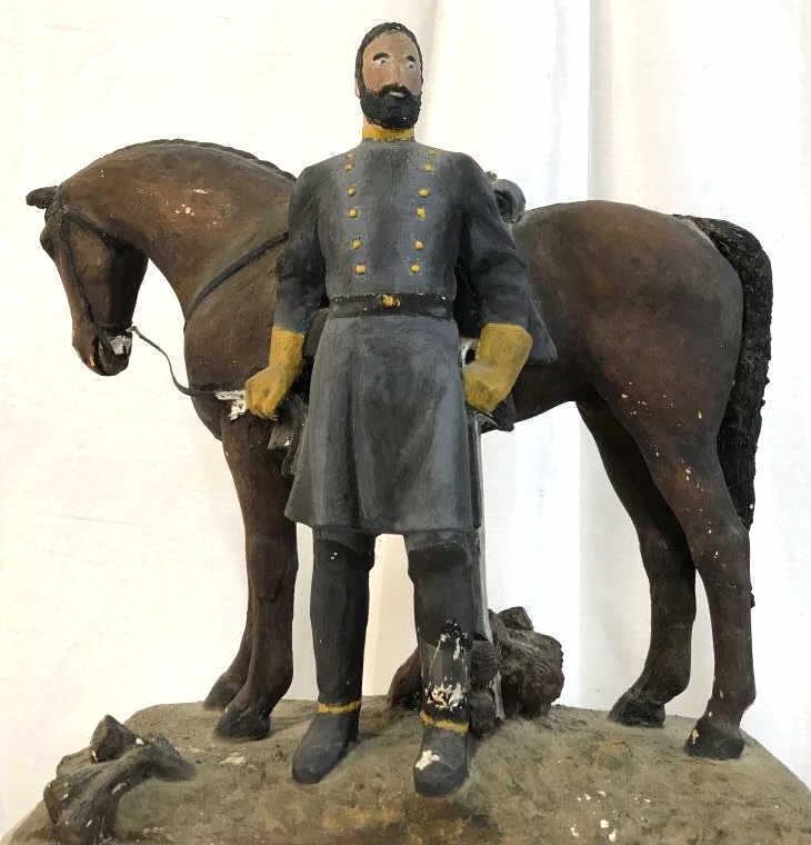 Plaster Sculpture, Stonewall Jackson & Horse: Painted plaster sculpture of General Â‘StonewallÂ’ Jackson and his horse atop base. Etched handwriting along base reads Â‘General Thomas Jonathan Jackson Â‘Look! There is Jackson standing