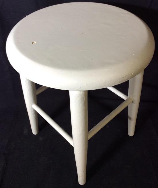 White Toned Wooden Children's Stool: Stool is white toned and wooden. Piece is round at top. Legs have stretchers. Piece measures approx 15 inches tall 11.5 inches wide. childrens stool, stool, wooden stool, furniture, furnishings, seati