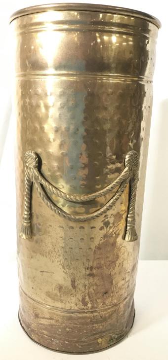 Vintage Hammered brass Umbrella Holder: 16 3/4 Ht, 7.5 in wide, embellished Rope Detail in Relief, lower edge has dent. Sturdy, lightweight, normal vintage discoloration lower edge from use. Vintage brass, Hammered Brass umbrella stand, ent