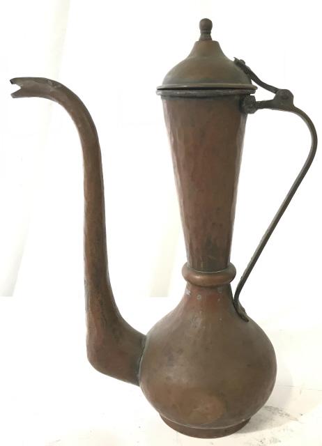 Vintage Pewter & Arabic Tea/ Coffee Pot & Cup: Lot 4. Pewter creamer and sugar bowl with removable lid. Hallmarked on undersides- Old Colonial Pewter, Royal Holland Pewter. Middle Eastern Coffee Tea Pot, 12.5 in tall, 9 in. wide. Slight dent, bott