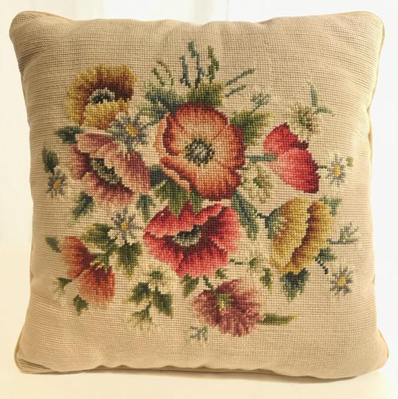 Vintage Floral Detailed Needlepoint Pillow: Pillow has multi toned floral detail with needlepoint upholstery. Piece is vintage possibly antique. Piece measures approx 16.5 inches square 5 inches deep. toss pillow, throw pillow, home accent. 6