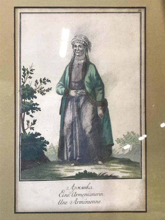 Pair Portraits of Armenian Man and Woman, Prints: Possibly antique prints, numbered 87, 88 respectively. Polychrome and ink on paper, darkened from age and exposure. One depicts Armenian Gentleman in Traditional Folk Clothing, the other is of an Arme