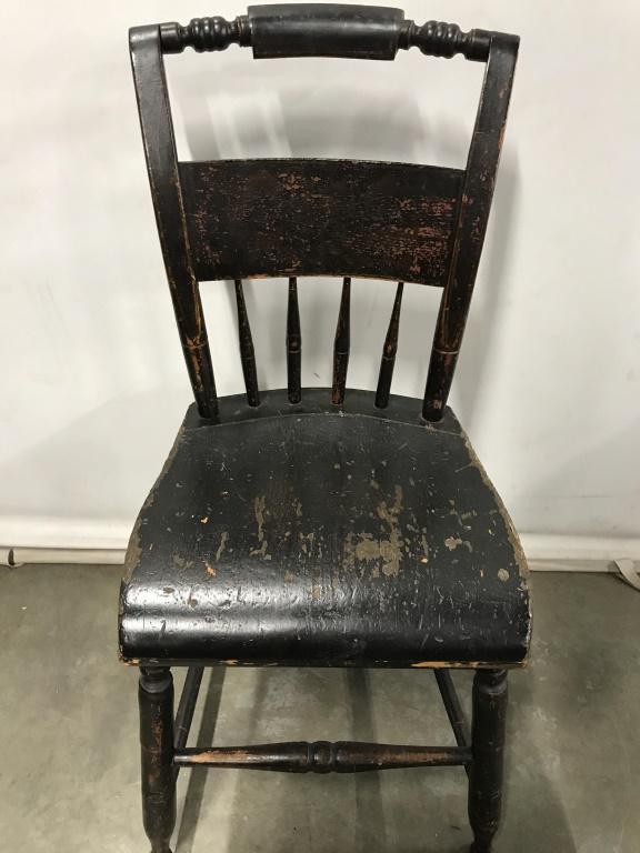 Vintage Wooden Slat Back Side Chair: This piece is a vintage, black tone, wooden side chair. The piece is slat-backed and is possibly antique. The pieces measure approximately 33.4 inches H,15.6 inches deep, 15.25 inches W. The wear pres