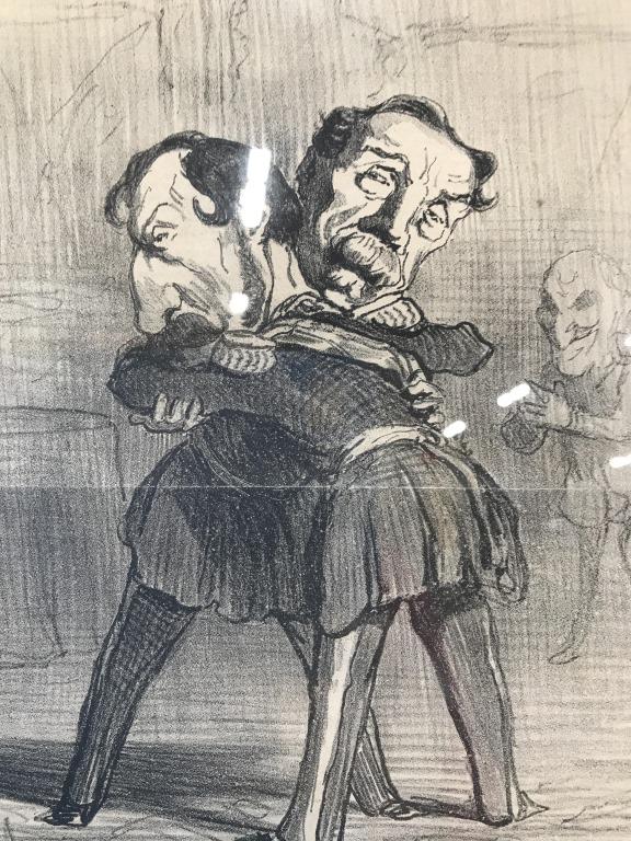 Framed Antique Newspaper Print,Political Cartoon: Antique French Political Newspaper Cartoon ‘Une Réconciliation’. Comedy scene of French Military Rivals, onlookers in background. Cartoon Signed ‘h.b.’ lower left on newspaper. Impressed prin