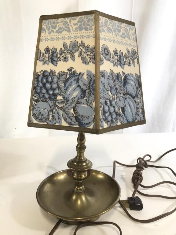 Brass Chamber Candlestick Table Lamp: Adorable Vintage Lamp, hexagonal Floral linen shade with fruit decor. Push ligh switch. Working condition. App 12.25 in tall, 8 in wide. Green felt on underside. Lighting, Brass Lamp, Boudoir Lamp, Va