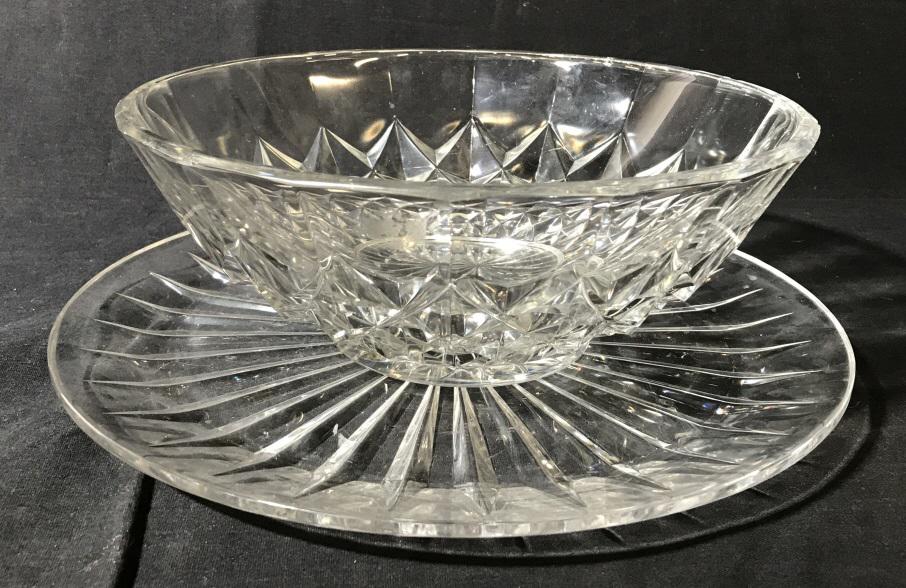 Signed VAL ST LAMBERT Cut Glass Bowl & Dish: These are pieces from VAL ST LAMBERT, both pieces are signed on their undersides. The bowl measures approx 10 inches in diameter and 3.6 inches H. The plate measures approx 11.8 inches in diameter. Ch