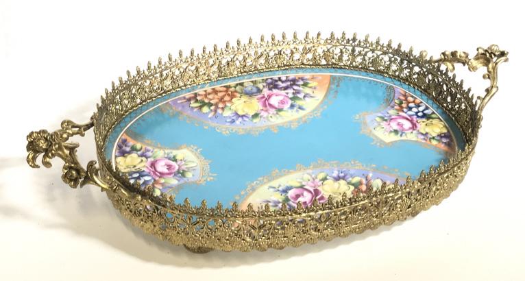 Renaissance Brass W Fine Porcelain Vanity Tray: Footed Tray with ornate pierced brass rims & handles in renaissance style. Brass adorned with flowers, scrolls, Scallop & detailing befitting of Italian or French Royalty. Center is hand painted porce