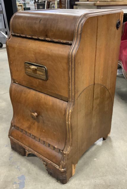 Vintage Art Deco Waterfall Bedside Table: Vintage Art Deco Waterfall Bedside Table in walnut toned wood veneer with built in ashtray, and dovetailed drawers, measures approximately 29 inches tall x 16 inches wide x 19 inches deep, discolorati