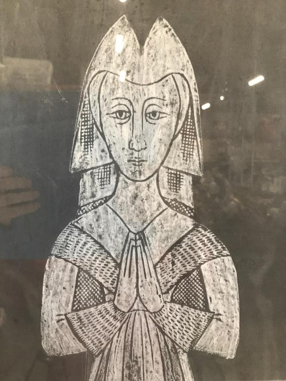 Framed Medieval Woman, Metallic Pencil on Paper: Medieval Woman Stand8ng with hands in prayer. 28 x 15 in. Appears to be metallic pencil or marker on black paper. Art not inspected under glass. Silver toned frame compliments art. Scratches to frame.