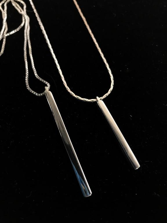 Pair EXPRESS Double Chain Pendant Necklaces: Gold tone and silver tone, box chains, Express Charm on each, drops app 19 in. Shorter strand drops 8 in. Express Jewelry, Fashion Jewelry, Vintage Jewelry, Ladies Wearable Accessory, Costume jewelry,
