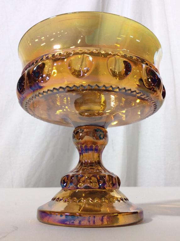 Pedestaled Carnival Glass Tazza Vessel: Carnival glass has pearlescent luster. Vessel is Pedestaled. Piece measures approximately 5.25 inches tall 5 inches wide. Carnival glass, art glass, Pedestaled Carnival Glass, Pedestaled Art Glass, ce