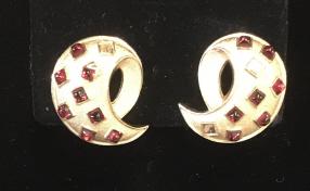 Signed TRIFARI Mid Century Clip On Earrings: brushed gold tone in form of a paisley with red toned stone style details, some missing pieces, App 1 x 1 in. Signed TRIFARI on Clip. Mid Century Jewelry, Fashion Earrings, Designer TRIFARI, Wearable
