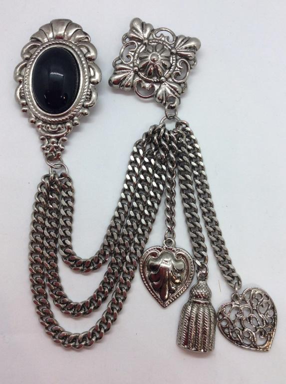 Collar clip with hanging Chain and Pendants: Silver toned metal, black toned cabochon, appears to be composite material, filigree and tassel design pendants, three graduated hanging chains, sweater clips, collar chains, hangs approx 5 in. Fashio