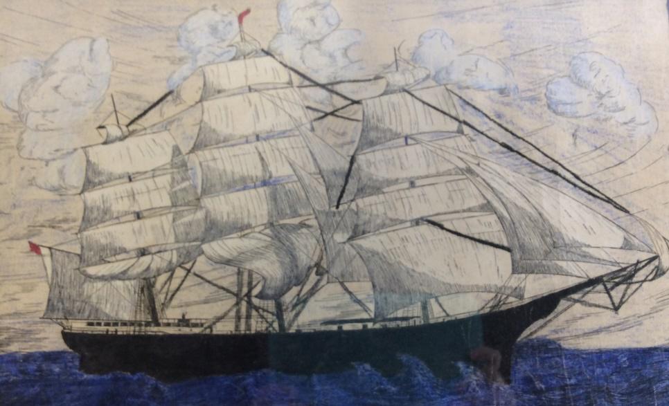 Framed 18th C Merchant Ship,Ink & Pencil On Paper: Print On crinkled vintage paper of 17 th or 18th c. Merchant ship on the high seas. Set under glass and on black mat board. Mixed Media- ink with either pencil or oil pastel. 22 3/4 x 17.5 in. Rustic 