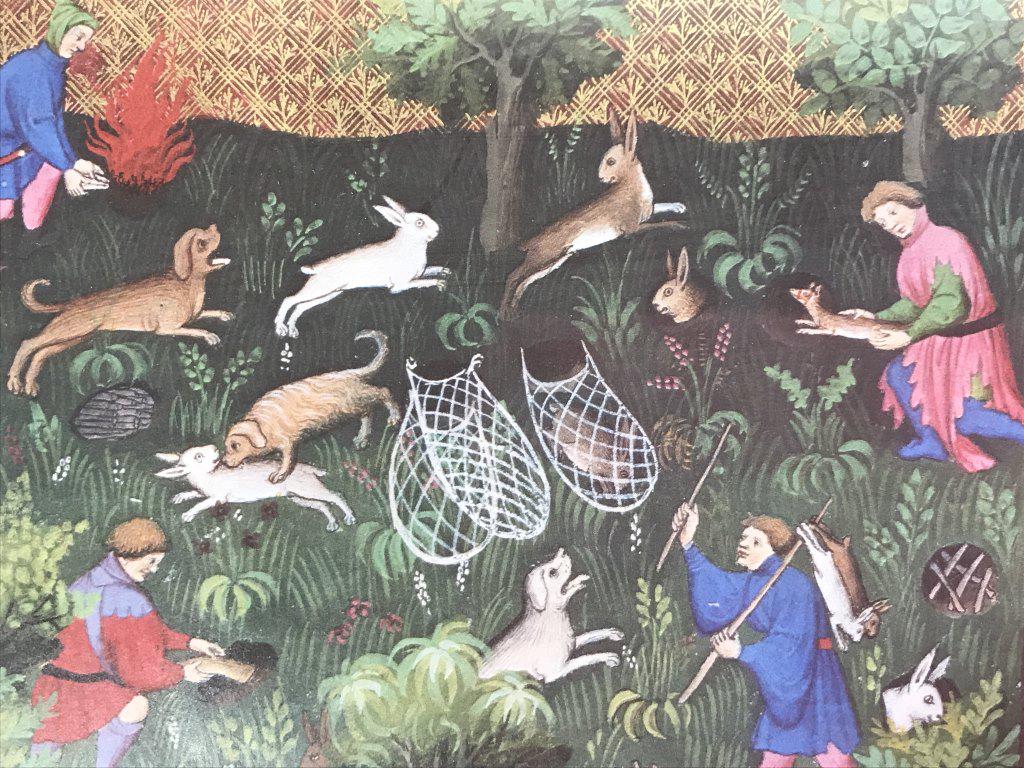 Vintage Framed Print, LE VIVRE DE LA CHASSE: This piece is a framed print, the piece depicts several men and dogs hunting rabbits. Gilt detailing is present on the print, the frame is gold toned as well. A summary detailing the original work the