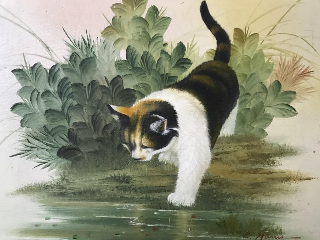 Signed B HARRIS Oil On Canvas Cat Painting: Oil on canvas depicts a cat approaching a body of water. Piece is signed B HARRIS on lower right corner. Piece is professionally framed with dark chocolate toned wooden frame. Art, wall art, Oil On Ca
