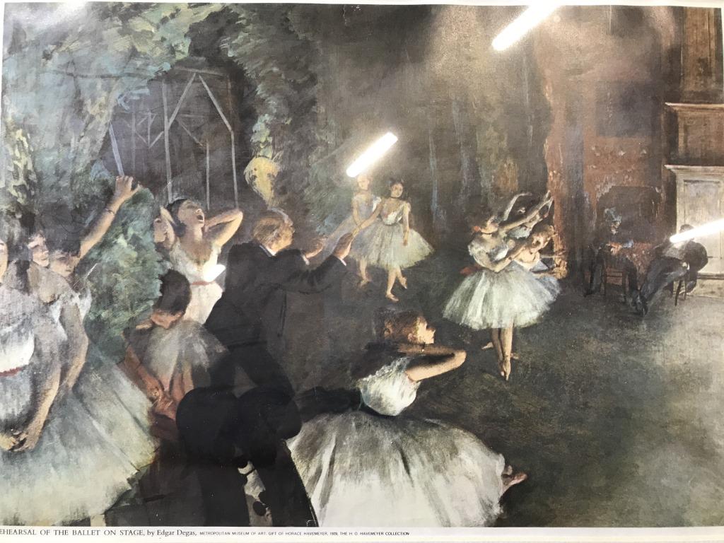 REHERSAL OF THE BALLET ON STAGE EDGAR DEGAS Print: Print depicts REHERSAL OF THE BALLET ON STAGE by EDGAR DEGAS. Piece is professionally framed and matted with gold toned metal frame. Wall art, art, art print, Degas print, framed print, Edgar Degas. M