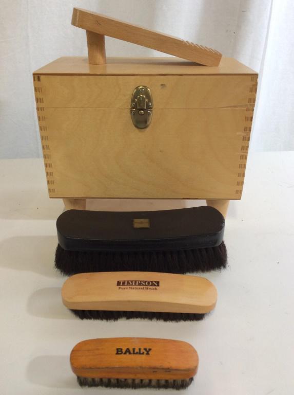 Shoe Shine Wood Kit: Set 3 different sized shoe brushes made of natural bristles; Large Cole Haan, Medium Timpson, Small Bally. Birch wood. Foot rest on Box with non sliding feature. Hinges need to be replaced if you choo
