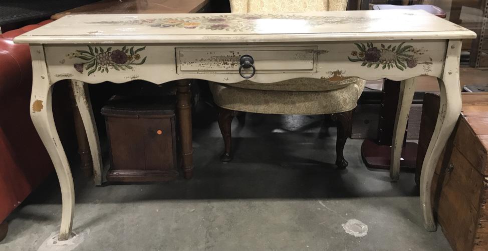 Vintage Hand Painted Carved Wooden Console Table: Table is vintage. Piece is wooden. Table is hand painted with floral & leaf detail. Piece has 1 drawer with metal handle. Piece may have some hand made elements. Measures approx 55 inches long 30 inch