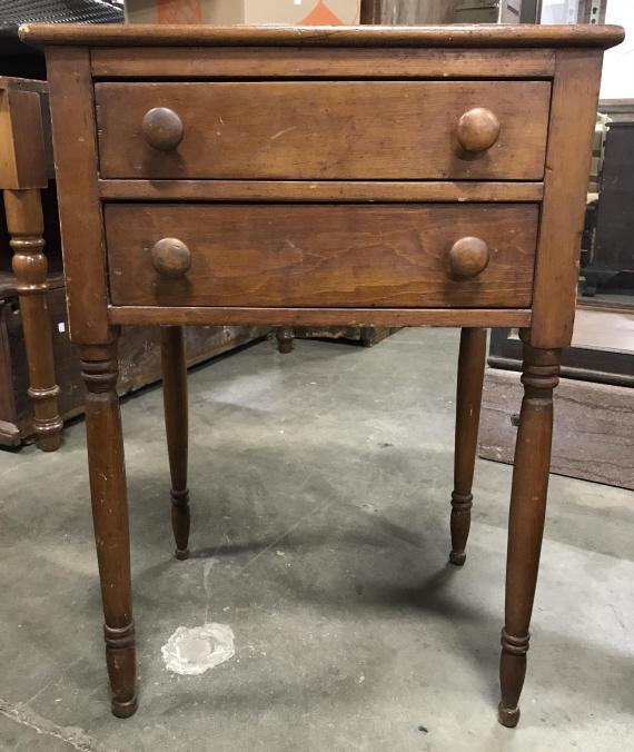 Vintage 2 Drawer Carved Wooden Side Table: Side Table is wooden. Piec is vintage possibly antique. Piece appears to possibly have hand carved elements. Piece has 2 drawers with knob style handles and hand dovetailing. Piece measures approximat