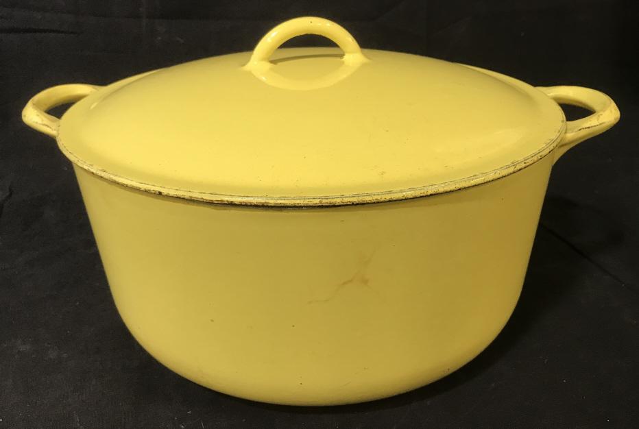 Vintage Enameled Iron Cooking Pot, Lid: Mid Century Descoware Cooking Pot, yellow enamel, interior ext metal worn, int. Enamel- worn. Made in Belgiam, underside of lid reads ‘FE’ (iron) and ‘Belgium’ 13.5 in. wide w/ handles, 5 in.
