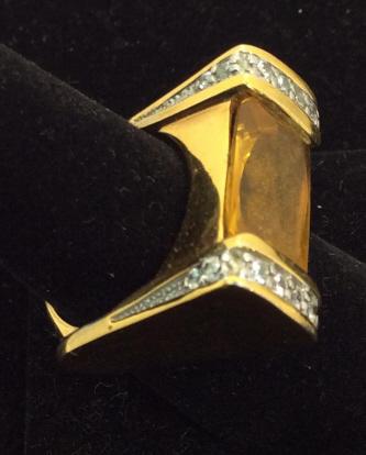 Designer PJM 925 Fashion Cocktail Ring, Sz 7: Rectangular Fashion Citrine Center Stone flanked by channel Set rhinestones. Angular Art Deco Style Cocktail Rings. Reads 925. App size 7. Costume Jewelry, Fashion Cocktail Ring, .925, Vermeil Over St