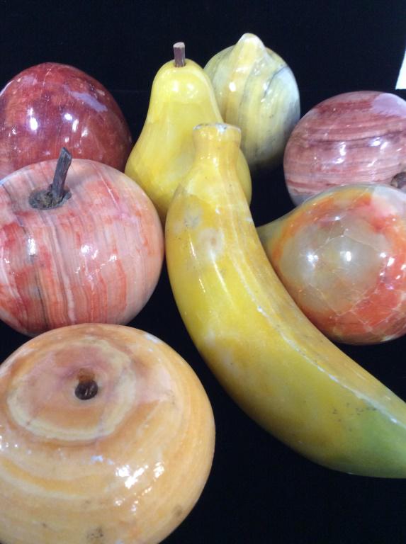 Natural Stone Fruits in Ceramic Basket: Table Centerpiece decor, natural stone, possibly agates, quartz. Very heavy. Includes banana, apple, pears, Lemmon. All polished. Ceramic basket is a VALERIE Portmerion Studio lattice Basket with Hand