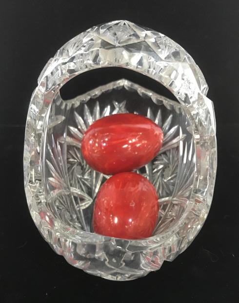 Lot 4 Cut Crystal Basket, Brass Duck Figurine: cut crystal basket with decorative red sculptural eggs. Basket 6.5 x 4 x 6 in. Brass duck figurine, 3.5 x 2 in. Tabletop Decor & accessories, Crystal Easter Basket, Cut Crystal Tabletop Basket, Red Eg