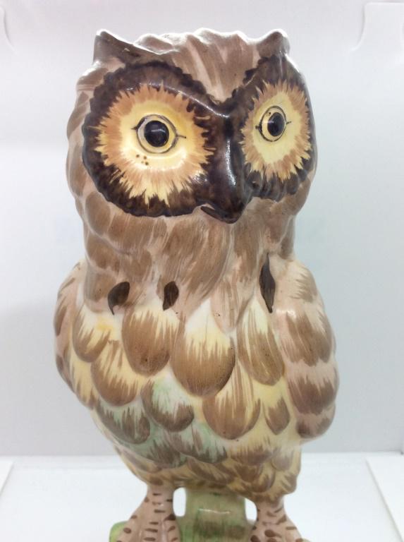 Porcelain Owl Figural, Italy: Porcelain, owl Figural, possibly handpainted, evident repair to base, measures approximately 8 in by 5 in by 4 in. Decorative arts and accessories, tableware, tabletop accessory, shelf piece collectib