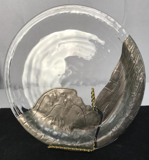 After Jean Cocteau, Blown Glass Charger: After Jean Cocteau, Blown Glass Charger, with Pewter over lay, dove of peace, diameter 12 1/4 in, initialed, initialed PB, good condition, French Art Glass, Hand blown glass, Decorative Tableware, Fre