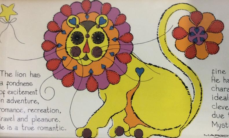Framed Leo Horoscope Illustrated Artwork: Signed in print Margot Johnson, c 1967. Illustrative art with stylized lion cartoon, text about Leo horoscope, appears to be a reproductive print, possibly offset lithograph, no color separations that