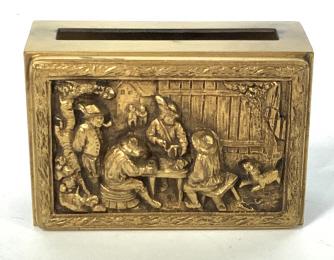 Pair Vintage French Brass Matchbox Holder: This is a pair of vintage matchbox holders. The piece are crafted from brass and are made in France. Each piece depicts several men sitting at a table under a tree, the detailing is in relief. Each pi