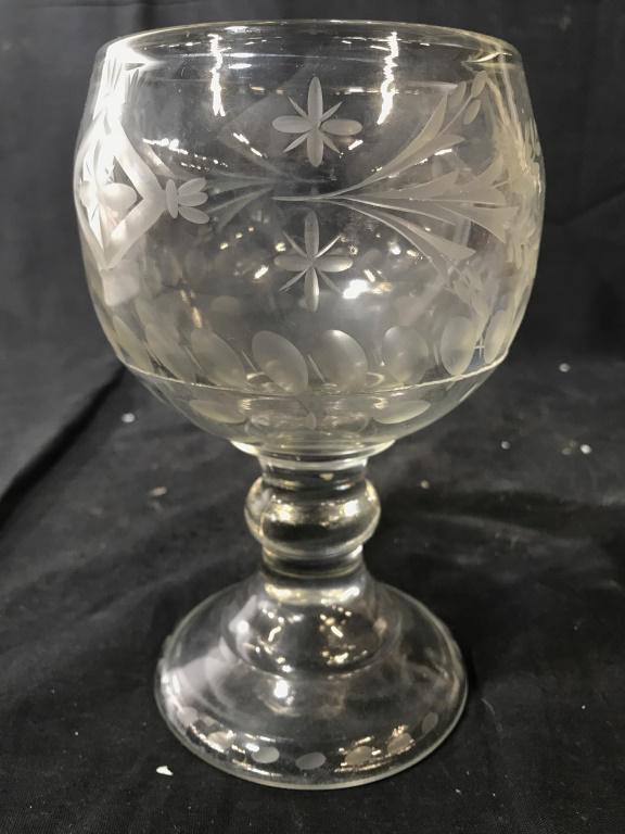 Art Glass Frosted Detail Pedestal Chalice: Chalice has frosted floral detail. Piece measures approximately 7.5 inches tall 5.5 inches wide. Chalice, Glass chalice, Frosted chalice, tabletop accessories. barware, drinking vessel 6