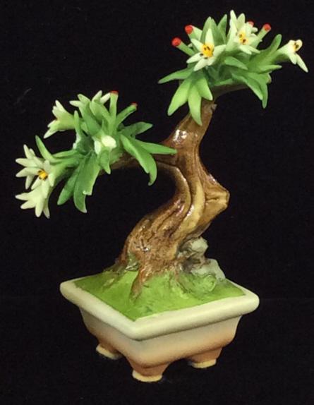 Tabletop Figurines, Capodimonte, Cybis, Italy: Porcelain Flowered Tree Figurine, stamped Capodimonte & Made in Italy, 4 in tall, 3 in wide. Signed CYBIS Porcelain Snow Owl Figurine, copyrighted design, Issued in 1957 for the Birds and Flowers Coll