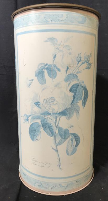 Vintage Floral Toned Metal Umbrella Holder: Piece measures approx 18 inches tall 9.5 inches wide. Piece contains white and light blue toned floral detail. Umbrella holder, waste basket, waste bucket. floor vase. Piece has some wear. 6