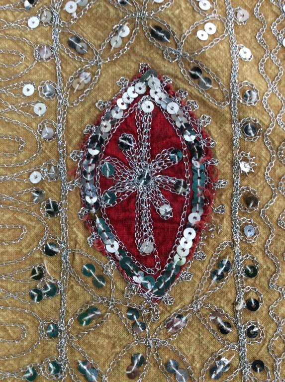 Indian Embroidered Cotton Table Cover, Tapestry: Elaborate Silver Embrodery and silver sequins on cotton bed cover tapestry/ table cover/ tablecloth/ quilt. 102 x 76 in approx. Reticulated Pattern with red marquis fabric shapes, embroidered star/ sn