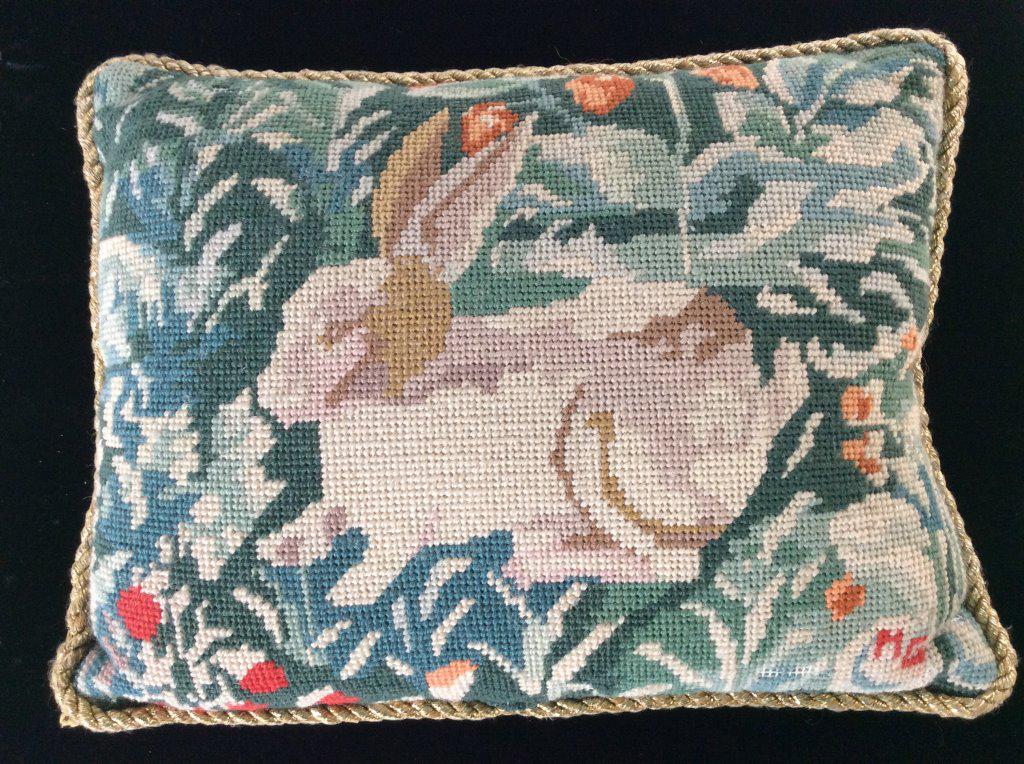 Vintage Petit Point Rabbit Needlework Decor Pillow: Petit Point Handmade Arts & Crafts Toss Pillow Depicting Rabbit & abstract greenery. Twisted cord piping, orange velour fabric backside, removable cover, center zipper with fabric flap, app 11 x 9 in.