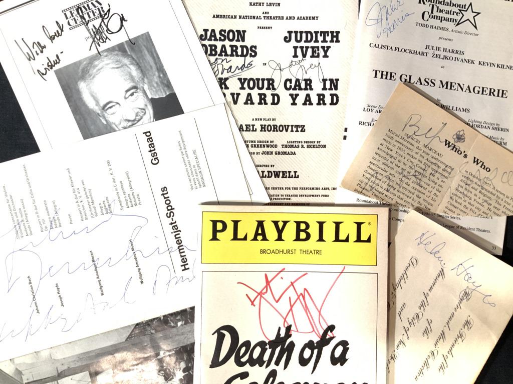 Lot 7 Autographed Playbills & Memorabilia: This is a lot of playbills, and other memorabilia that have been signed by various artists. The largest piece measures approx 8.5 inches by 6 inches, a playbill. Signatures include Dustin Hoffman, Mar