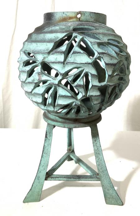 Vintage Outdoor Metal Lantern: This piece is a vintage, possibly antique, metal lantern. The piece measures approx 14.5 inches H and 9 inches W. The piece shows signs of wear due to age and use, a patina has developed. Garden decor